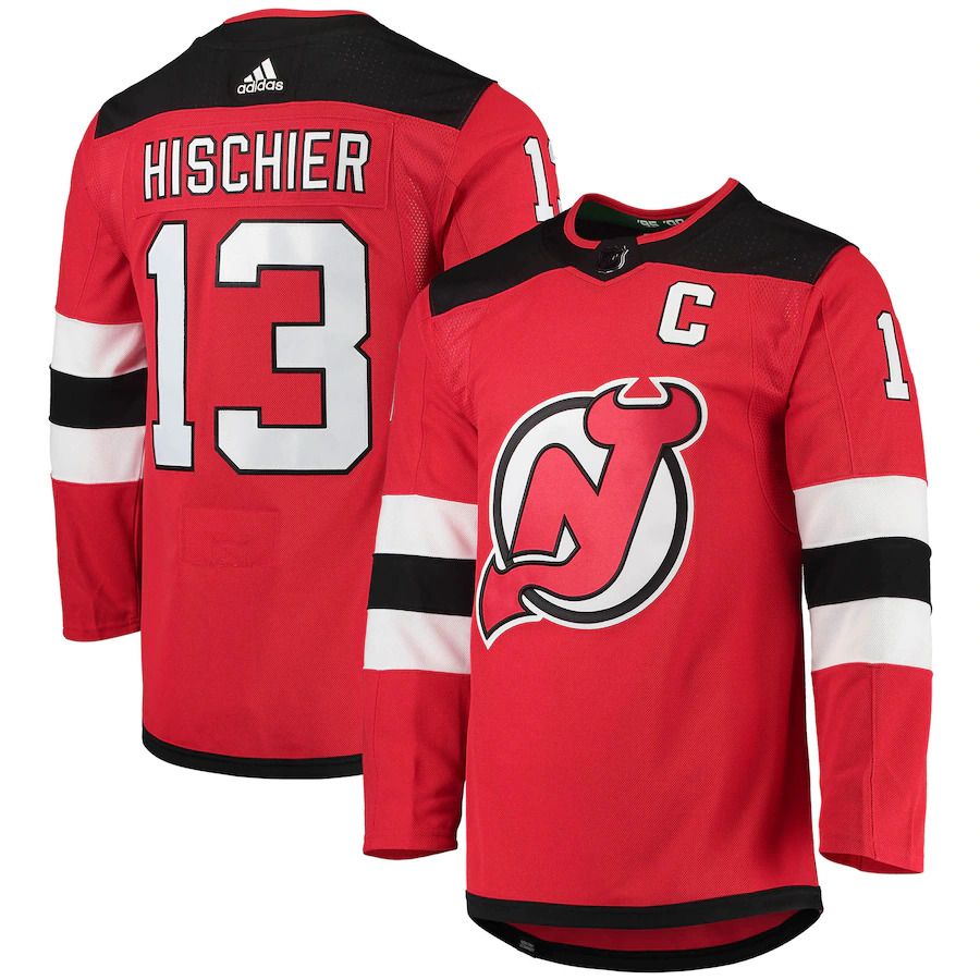 Men New Jersey Devils #13 Nico Hischier adidas Red Home Captain Patch Primegreen Authentic Pro Player NHL Jersey->new jersey devils->NHL Jersey